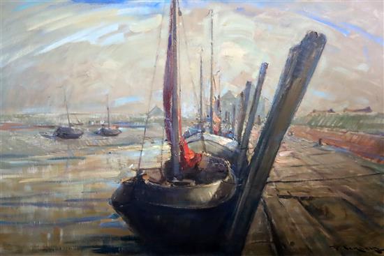 Pierre Verbeke (Belgian 1895-1962) Fishing boats in harbour 79 x 118cm